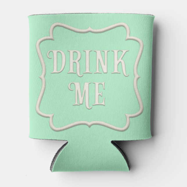 "Drink Me Wonderland Tea Party Pastel Green Can Cooler (Front)