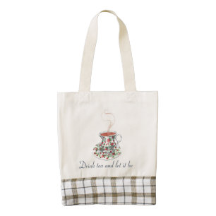Drink tea and let it be slogan quote, vintage cup zazzle HEART tote bag