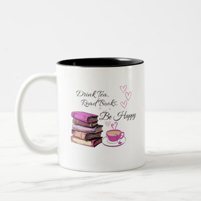 "Drink Tea. Read Books. Be Happy. – Cozy Reader Mu Two-Tone Coffee Mug (Left)