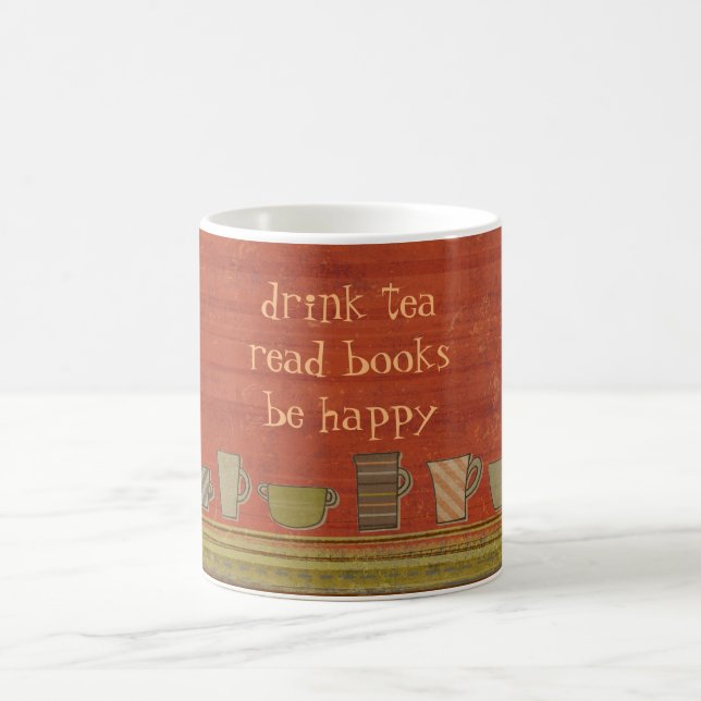 Drink Tea Read Books Happy Rusty Red Stripes Mug (Center)
