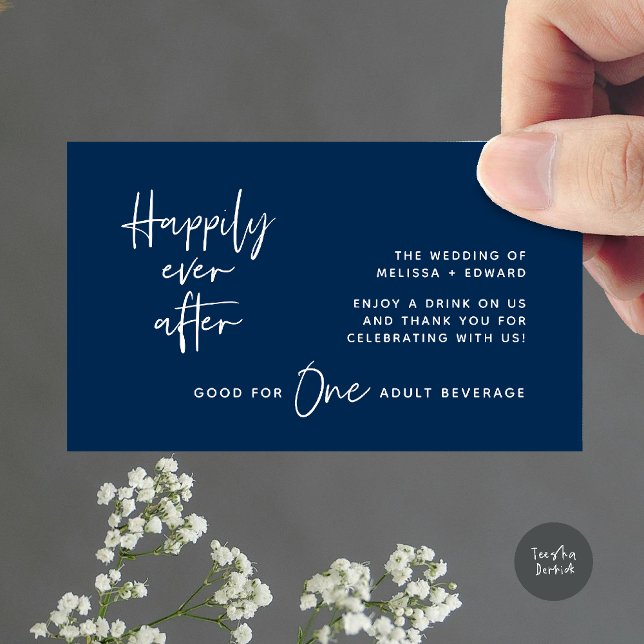 Drink Ticket Adult Beverage Happily Ever After Enclosure Card (Drink Ticket Adult Beverage Happily Ever After Modern Romantic Party Enclosure Card in Navy Blue)