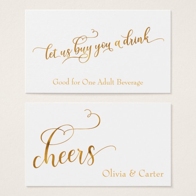 Drink Tickets, Elegant Faux-Gold Script on White (Front & Back)