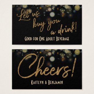 Drink Tickets, Gold Glitter on Black & Gold Bokeh Business Card