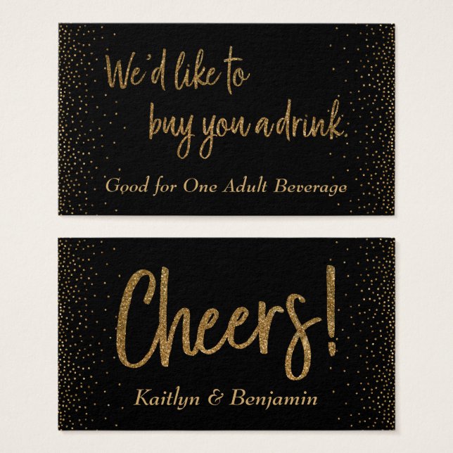 Drink Tickets, Gold Glitter Script & Confetti (Front & Back)