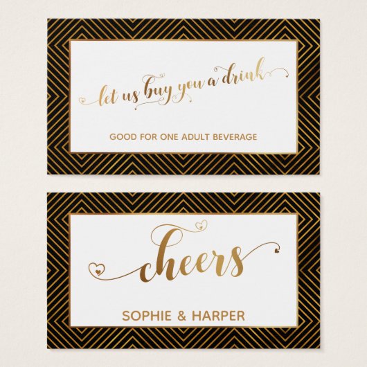 Drink Tickets, Gold Hearts Script, Diamonds, Black (Front & Back)