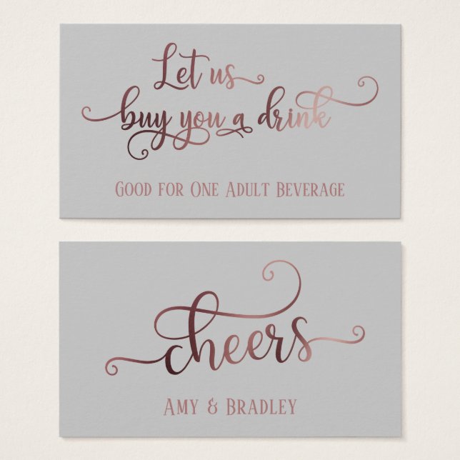 Drink Tickets | Rose Gold Script & Editable Gray (Front & Back)