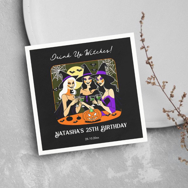 Drink up witches adult Halloween birthday party Napkins (Halloween adult birthday party tableware personalized napkins pretty witches sipping cocktails black)