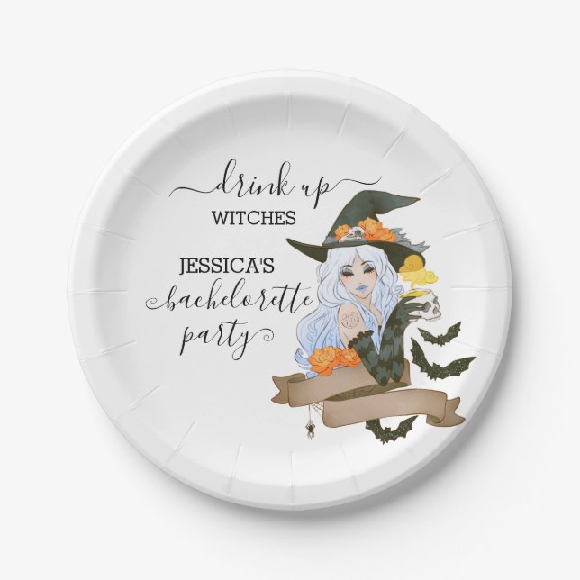 Drink Up Witches Bachelorette Halloween Paper Plates (Front)