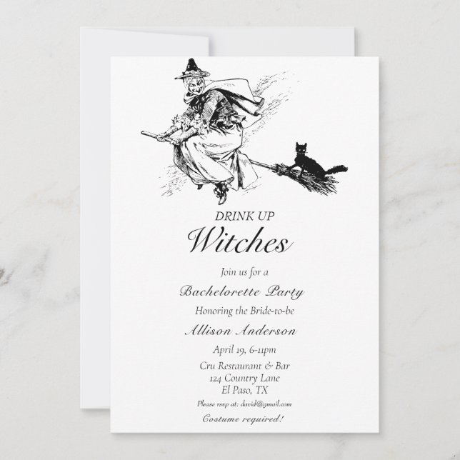 Drink up Witches Bachelorette Party Invitation (Front)