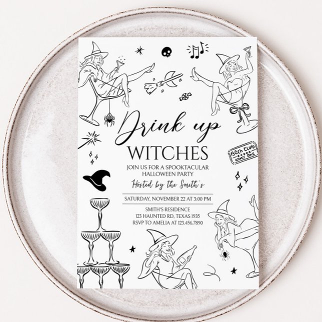 Drink Up Witches Cocktail Halloween Party Invitation (Hand Drawn Drink Up Witches Halloween Party Invitation)