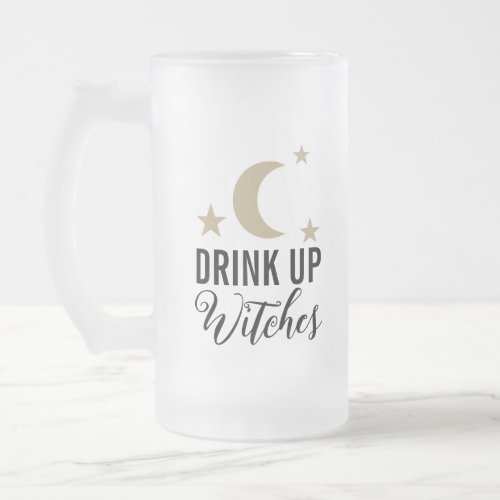 Drink up witches funny cute moon and stars design frosted glass beer mug