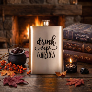 Drink Up Witches Funny Halloween Script Quote Flask