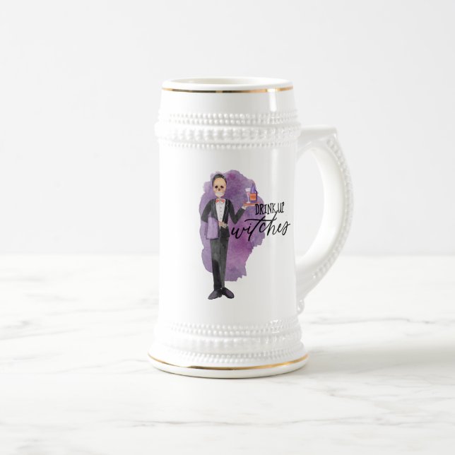 Drink Up Witches Funny Wordplay Halloween Party Beer Stein (Front Right)