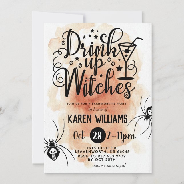 Drink Up Witches Halloween Bachelorette Party Invitation (Front)