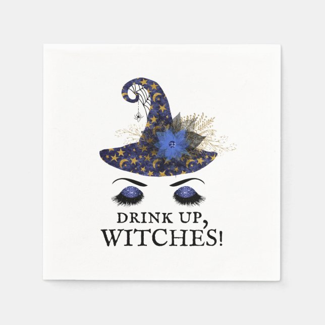 Drink Up Witches Halloween Blue Witch Hat Napkins (Front)