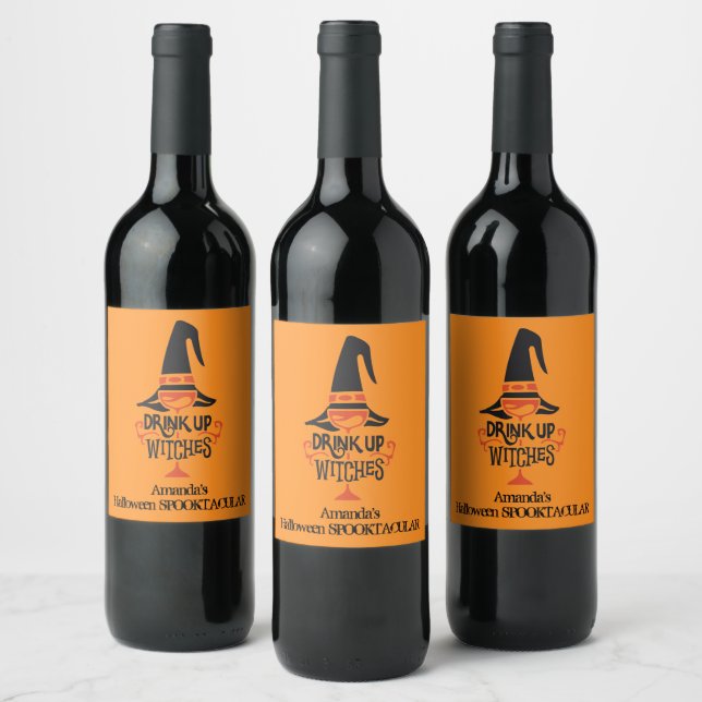 Drink Up Witches Halloween Orange Wine Label (Bottles)