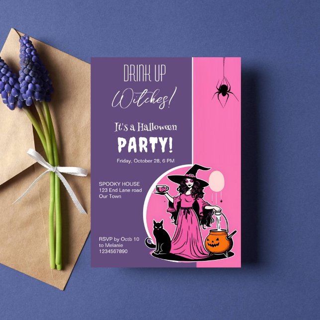 Drink up witches Halloween party Invitation (Drink up witches Halloween party template invitation instant download groovy retro witch holding cup)