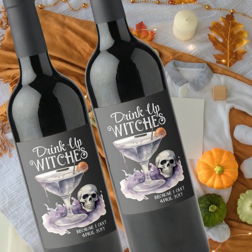 Drink Up Witches Halloween Pregnancy Announcement Wine Label