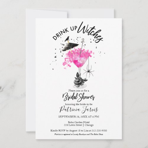 Drink up Witches Hot Pink Halloween Bridal Shower  Invitation