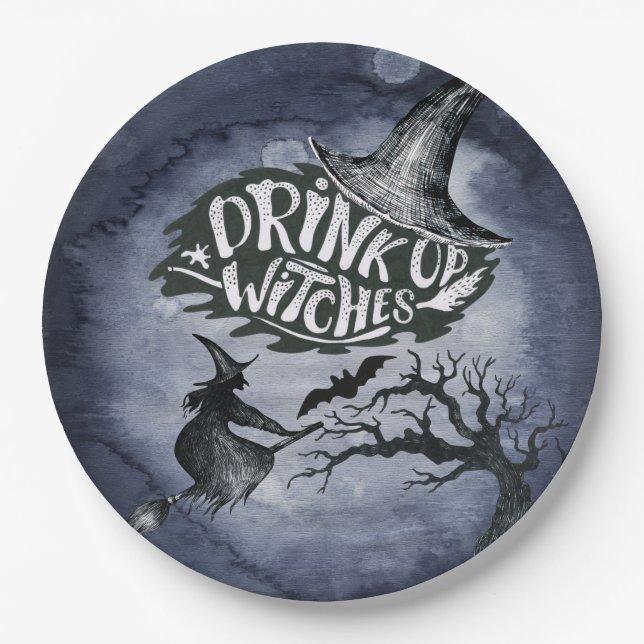 Drink Up Witches Night Sky Halloween Paper Plates (Front)