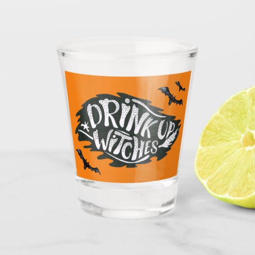 Drink up witches orange black bats shot glass