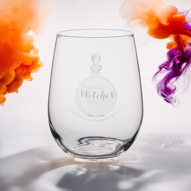 Drink Up Witches Personalized Etched Potion Bottle Stemless Wine Glass (Creator Uploaded)