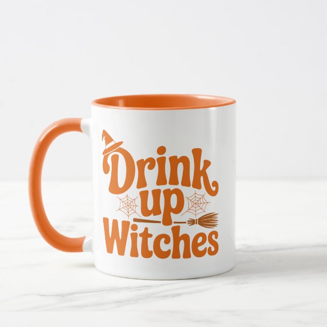 Drink Up Witches Retro Halloween Mug (Left)