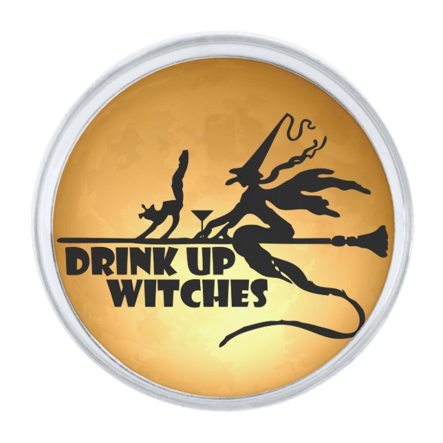 Drink Up Witches Silver Finish Lapel Pin (Front)