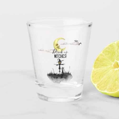 Drink Up Witches Spooky Halloween Scene Watercolor Shot Glass
