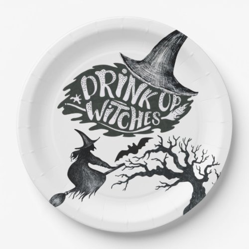 Drink Up Witches White Halloween Paper Plates
