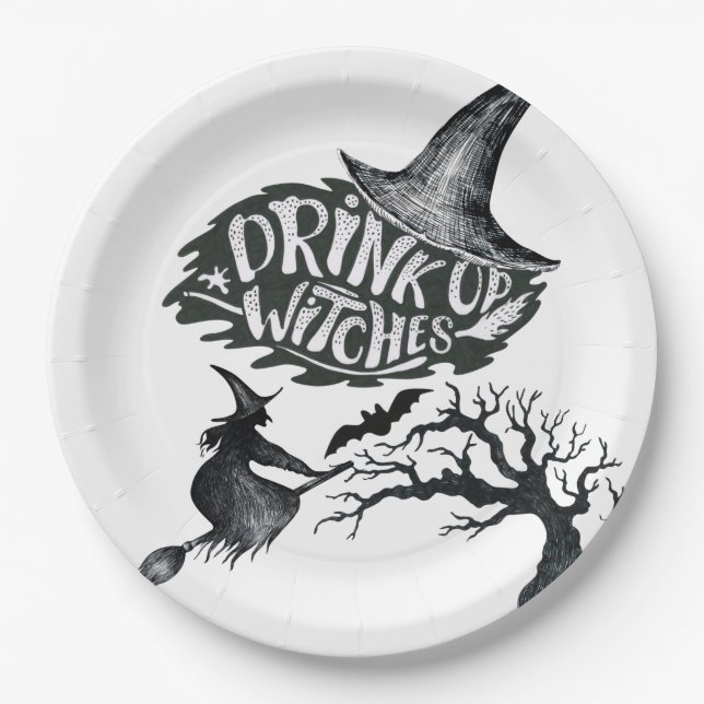 Drink Up Witches White Halloween Paper Plates (Front)