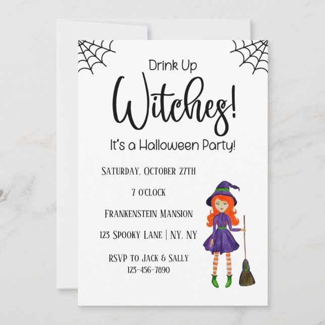 Drink Up Witches White Halloween Party Invitation (Front)
