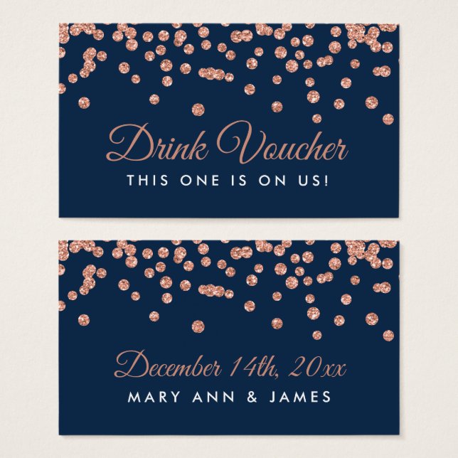 Drink Voucher Rose Gold Faux Glitter Confetti Navy (Front & Back)