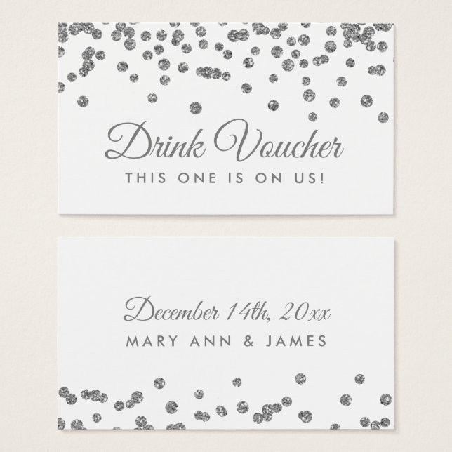 Drink Voucher Silver Faux Glitter Confetti White (Front & Back)