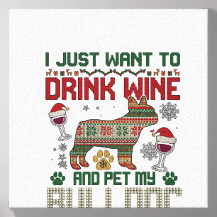 Drink Wine Bulldog Dog Ugly Sweater Santa Hat Canvas Photo Tile