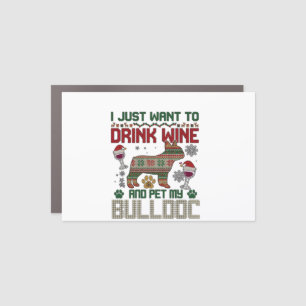 Drink Wine Bulldog Dog Ugly Sweater Santa Hat Car Magnet