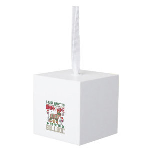 Drink Wine Bulldog Dog Ugly Sweater Santa Hat Cube Ornament