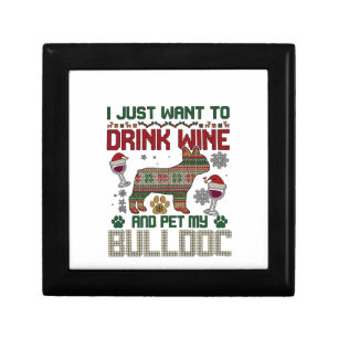 Drink Wine Bulldog Dog Ugly Sweater Santa Hat Gift Box