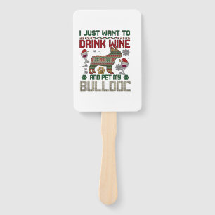 Drink Wine Bulldog Dog Ugly Sweater Santa Hat Hand Fan