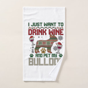 Drink Wine Bulldog Dog Ugly Sweater Santa Hat Hand Towel