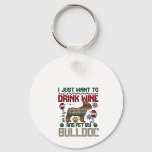 Drink Wine Bulldog Dog Ugly Sweater Santa Hat Keychain
