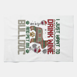 Drink Wine Bulldog Dog Ugly Sweater Santa Hat Kitchen Towel