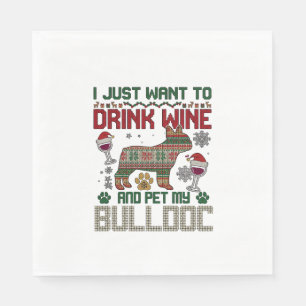 Drink Wine Bulldog Dog Ugly Sweater Santa Hat Napkins