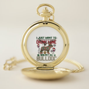 Drink Wine Bulldog Dog Ugly Sweater Santa Hat Pocket Watch