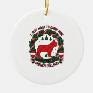 Drink Wine French Bulldog Dog Red Plaid Christmas  Ceramic Ornament