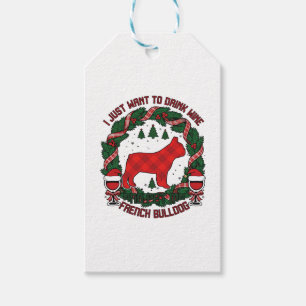 Drink Wine French Bulldog Dog Red Plaid Christmas Gift Tags