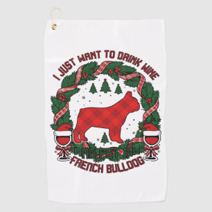 Drink Wine French Bulldog Dog Red Plaid Christmas Golf Towel
