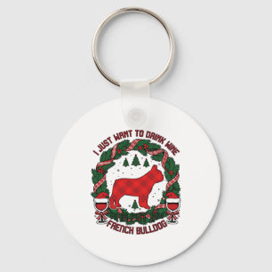 Drink Wine French Bulldog Dog Red Plaid Christmas Keychain