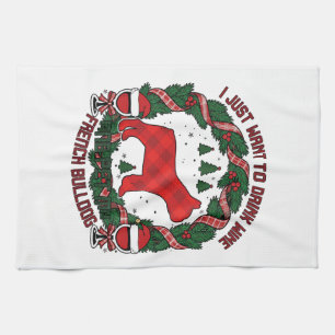 Drink Wine French Bulldog Dog Red Plaid Christmas Kitchen Towel