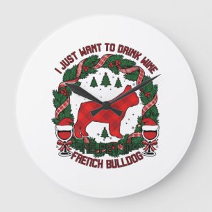 Drink Wine French Bulldog Dog Red Plaid Christmas Large Clock